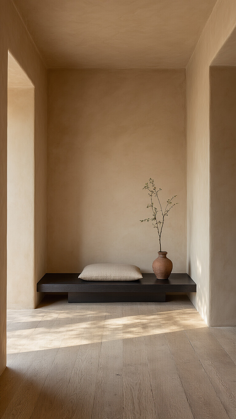 Zen-inspired entryway with warm tadelakt walls, hand-scraped wood floors, a blackened cedar bench, ikebana in ceramic vase, and raw silk cushion in soft afternoon light.