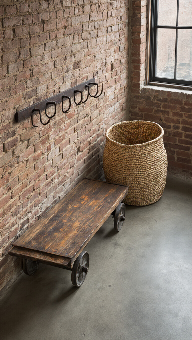 Industrial-organic entryway with exposed brick walls, polished concrete floors, vintage factory cart bench, oversized woven basket, and hand-forged coat hooks, shot from above in early morning light.