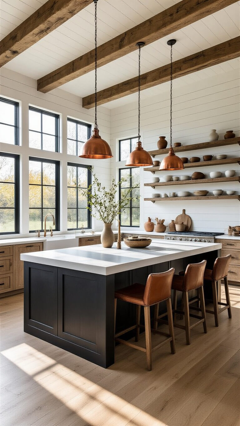 Modern rustic kitchen with vaulted ceiling, exposed beams, large island, and copper pendant lights glowing in golden hour sunlight.