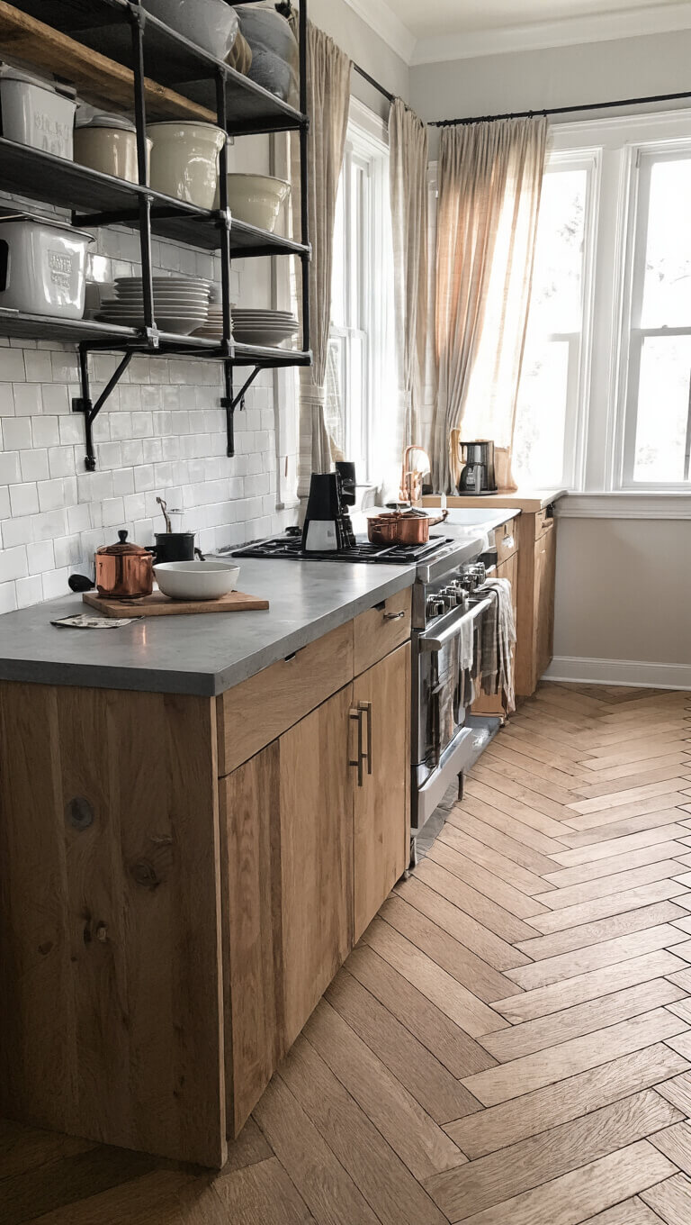 Modern rustic galley kitchen at dawn with steam rising from coffee maker, warm maple cabinets, concrete countertops, and industrial shelving with vintage enamelware.