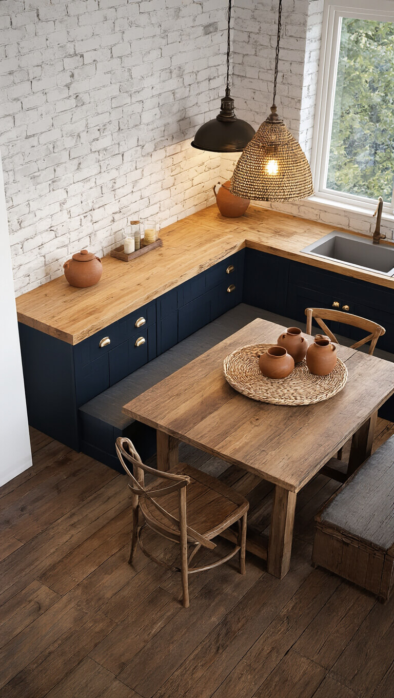 Cozy corner kitchen nook with whitewashed brick walls, navy cabinets, and butcher block counters, warmly lit by pendant lights over a rustic table with earthenware pottery.