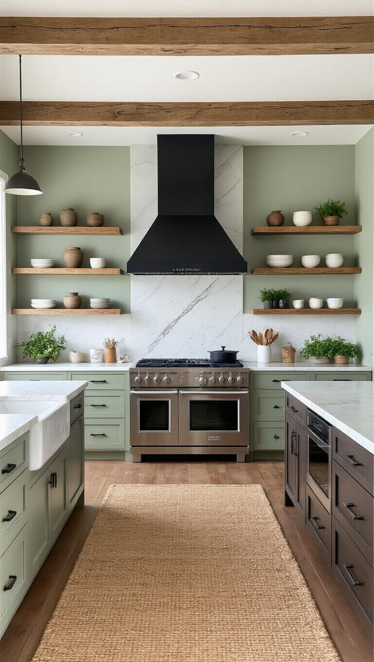 Open-concept kitchen with black steel range hood, sage green walls, floating wood shelves, marble island, and jute rug.