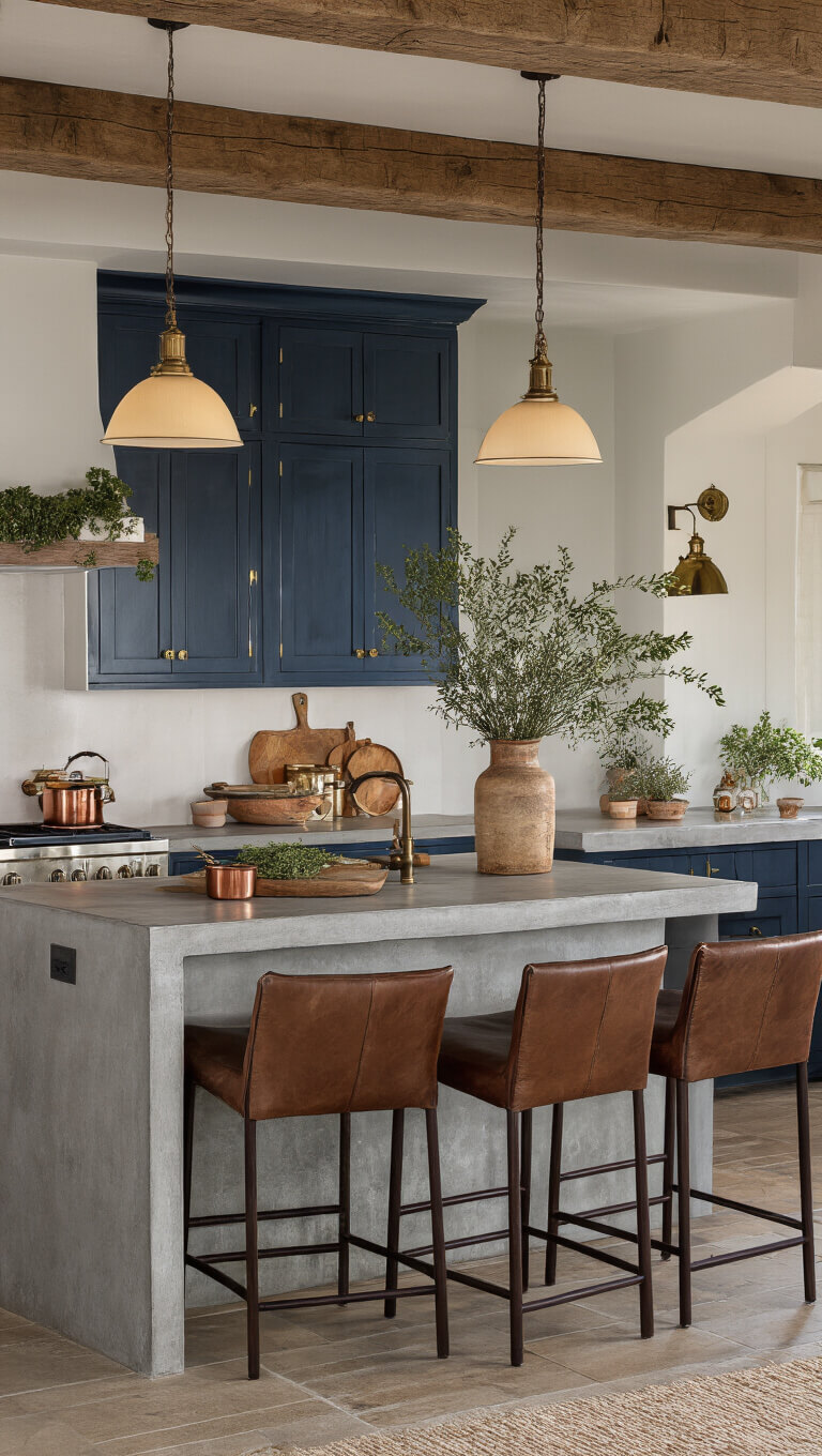 Cozy kitchen with navy floor-to-ceiling cabinets, brass hardware, wooden beams, concrete waterfall counter, leather barstools, copper cookware, and vintage sconces creating warm, intimate lighting.