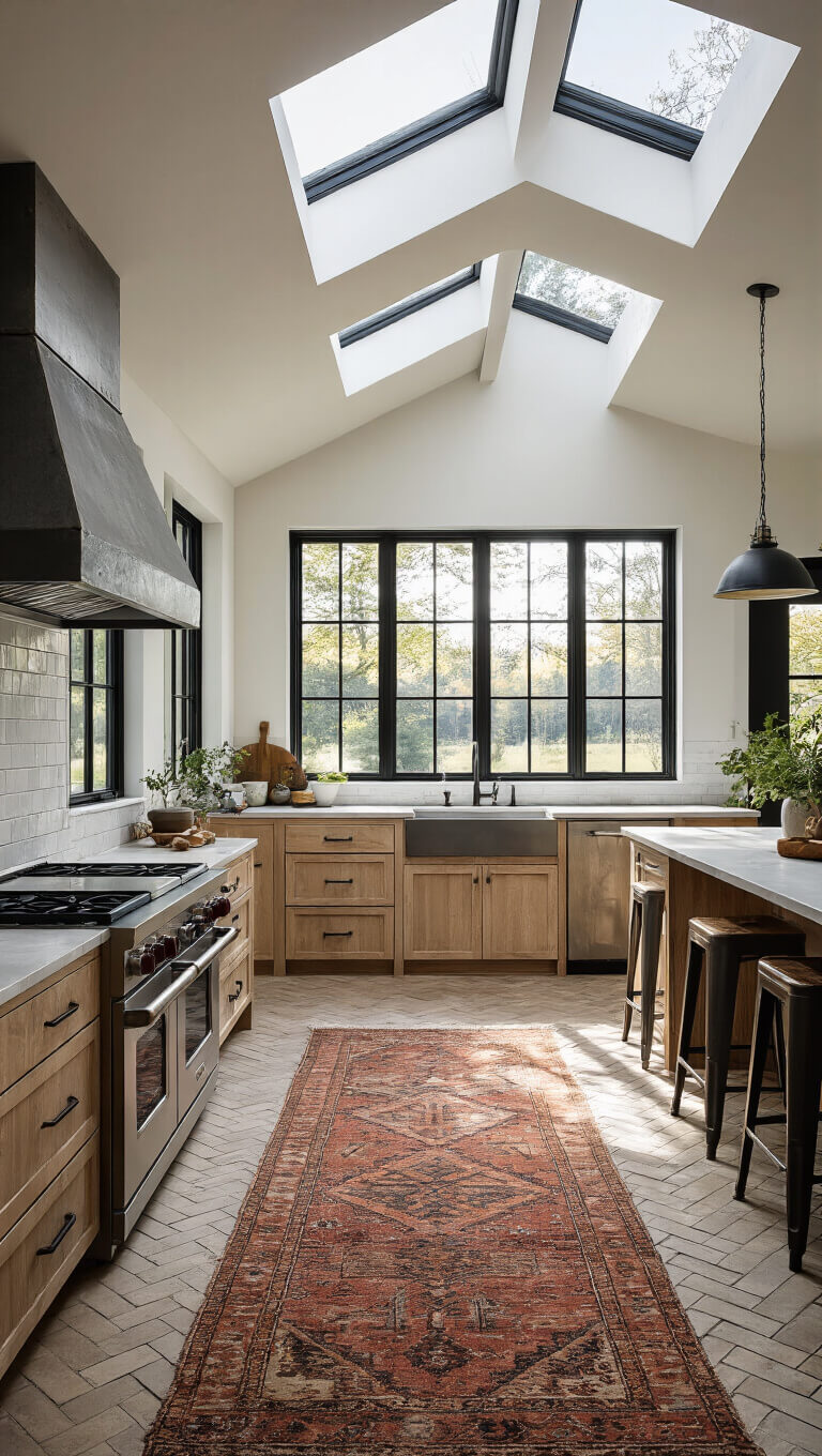 Bird's eye view of a farmhouse-modern kitchen with herringbone tile floors, white oak cabinets, black steel windows, and a zinc range hood illuminated by early morning skylight.