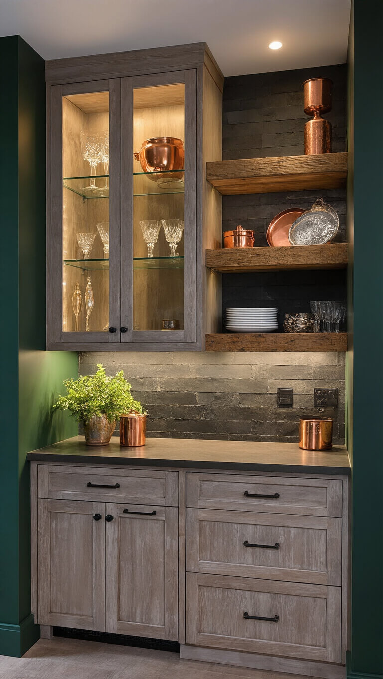 Side-angle view of a moody modern rustic butler's pantry with glass-front lit cabinets, slate backsplash, floating wood shelves, and metallic accents against deep green walls.