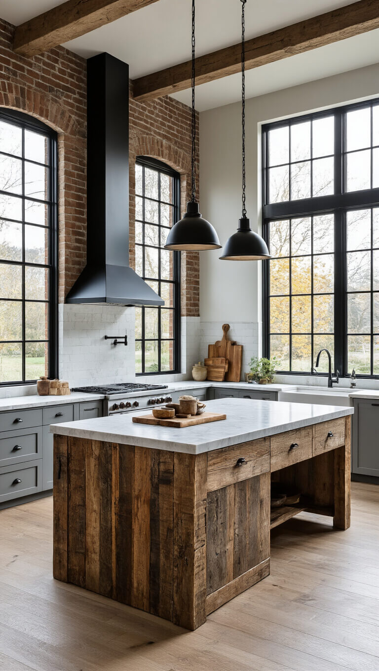 Late afternoon light fills a spacious kitchen with black steel-framed windows, a large marble-top island with reclaimed wood base, exposed brick walls, warm gray flat-panel cabinets, and industrial pendant lights.