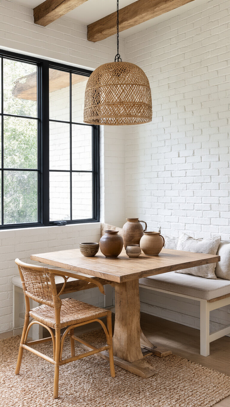 Cozy breakfast nook with raw edge wooden table, vintage pottery, rattan pendant lighting, and black steel windows against white brick wall in soft morning light.