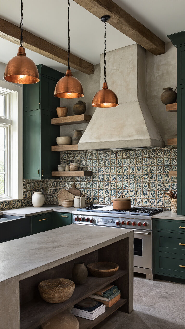 Moody evening kitchen with copper pendant lights, dark wood shelving, concrete countertops, and forest green cabinets flanking a custom range hood.