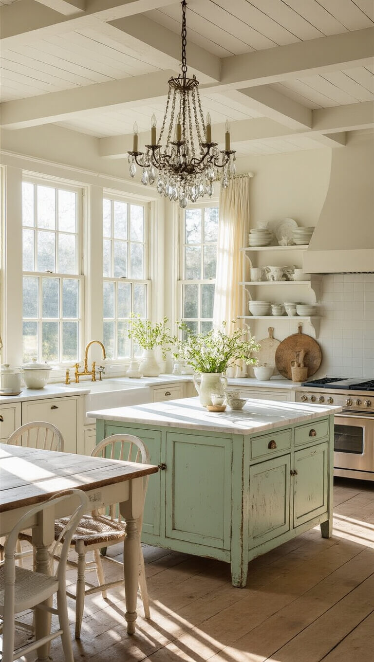 Sunlit vintage kitchen with mint-green island, farmhouse sink, antique table, and open shelves displaying ironstone, bathed in warm morning light.