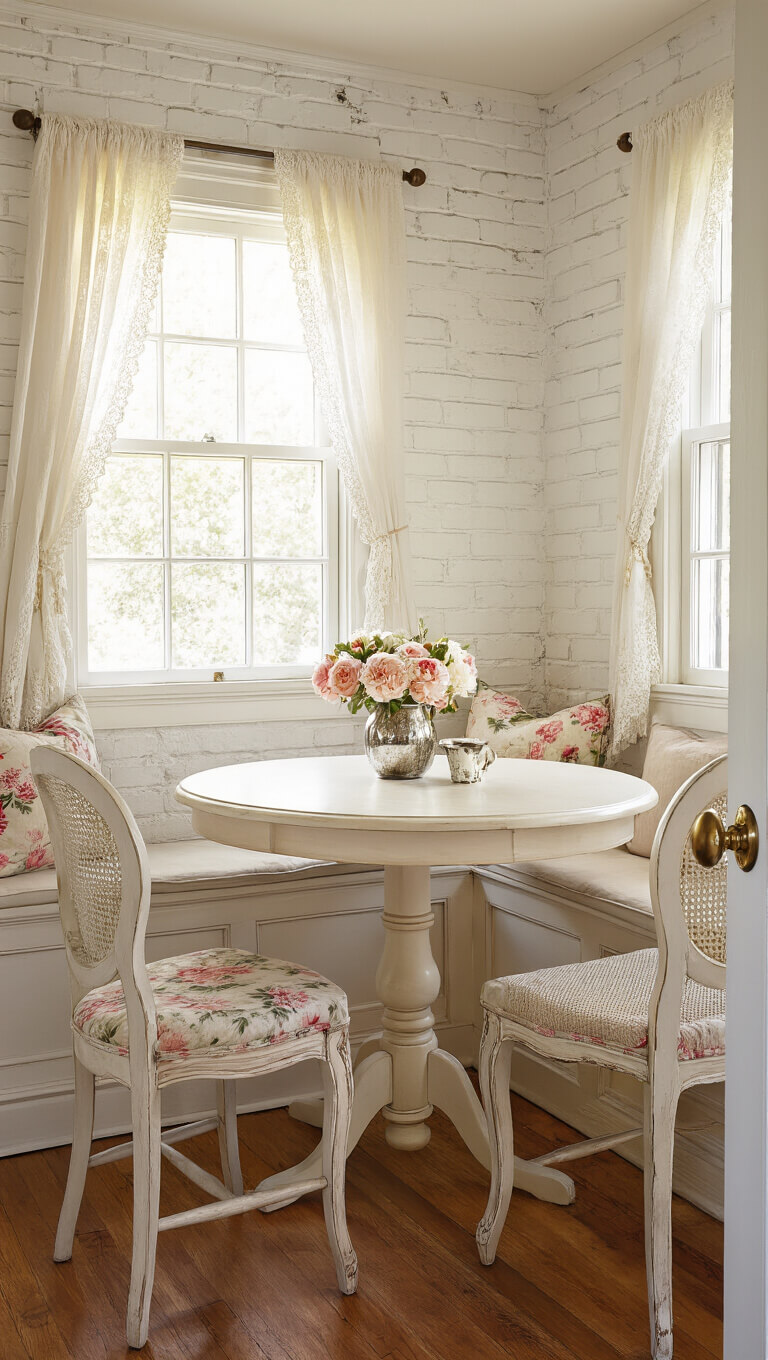 Romantic cottage kitchen nook with vintage table, floral chairs, lace curtains, and soft golden lighting.