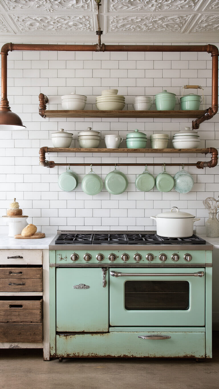 Shabby chic kitchen workshop with industrial and romantic elements, featuring exposed copper pipes, weathered white subway tiles, antique pastel enamelware on a baker's rack, ornate tin ceiling, mint vintage-style range, and marble pastry station with wooden drawers, viewed from above in moody natural light.