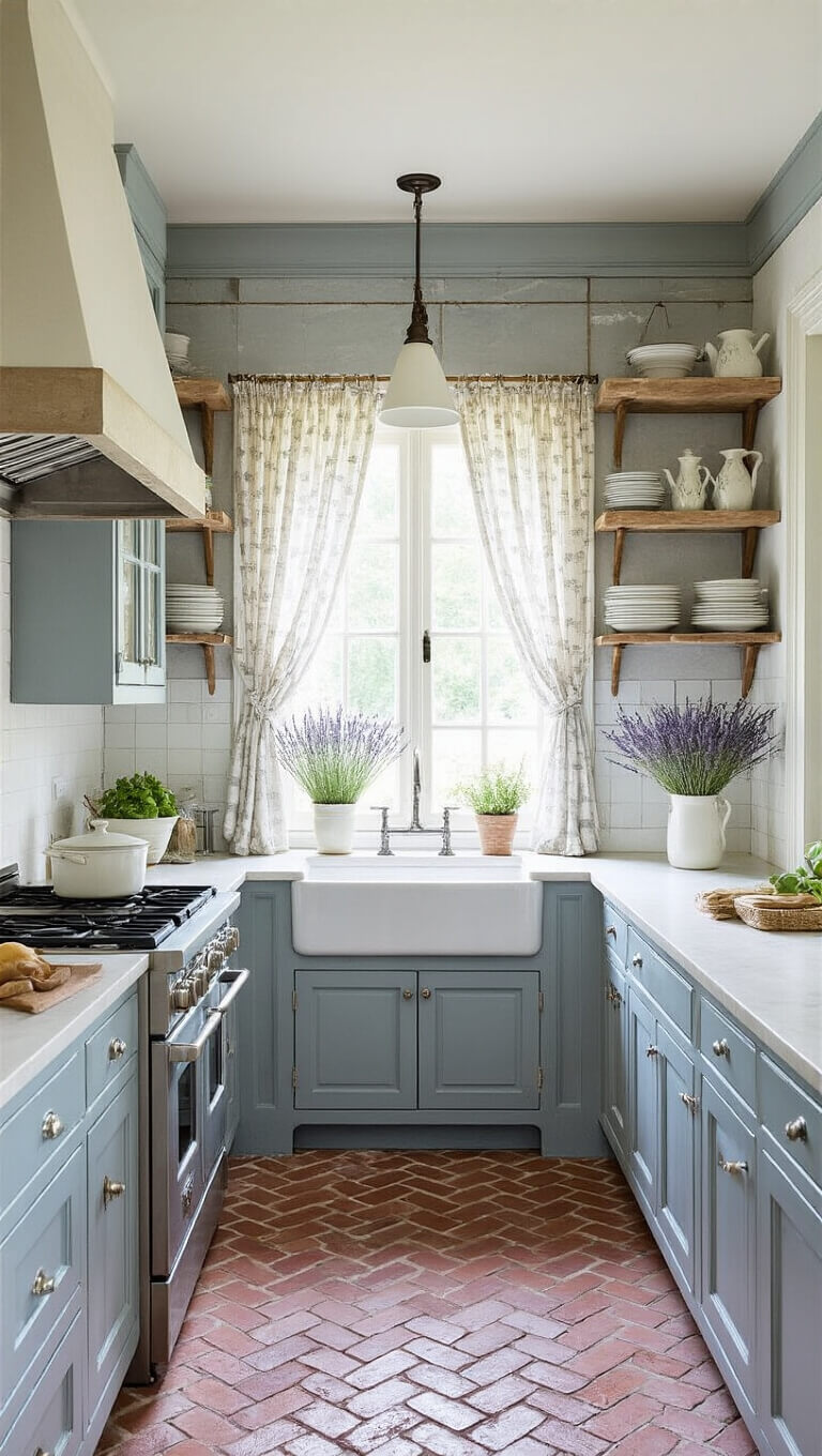 French country galley kitchen with herringbone brick floor, blue-grey cabinetry, farmhouse sink, open shelves with vintage silver, toile curtains, and dried herbs hanging from ceiling.