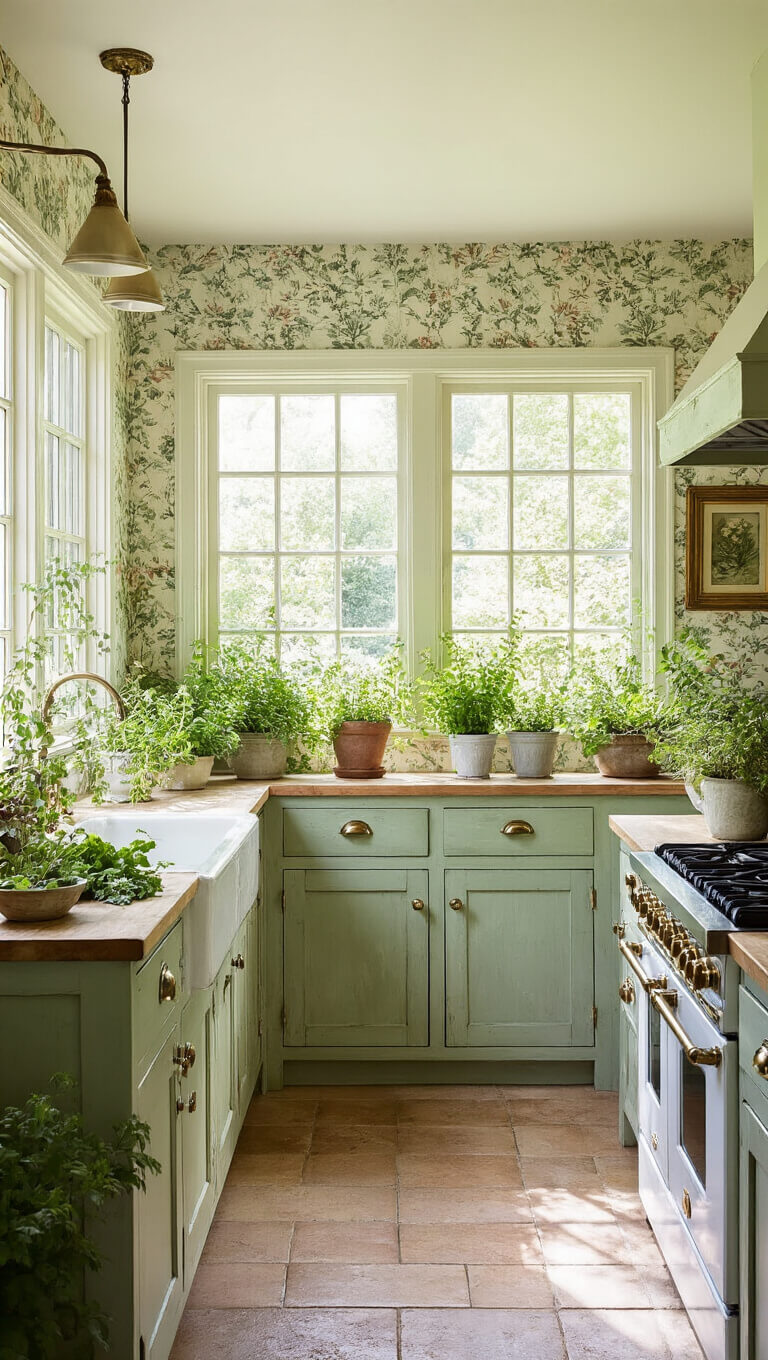 Bright cottage kitchen with sage green cabinets, floral wallpaper, greenhouse windows, and herb-filled zinc containers in morning light.