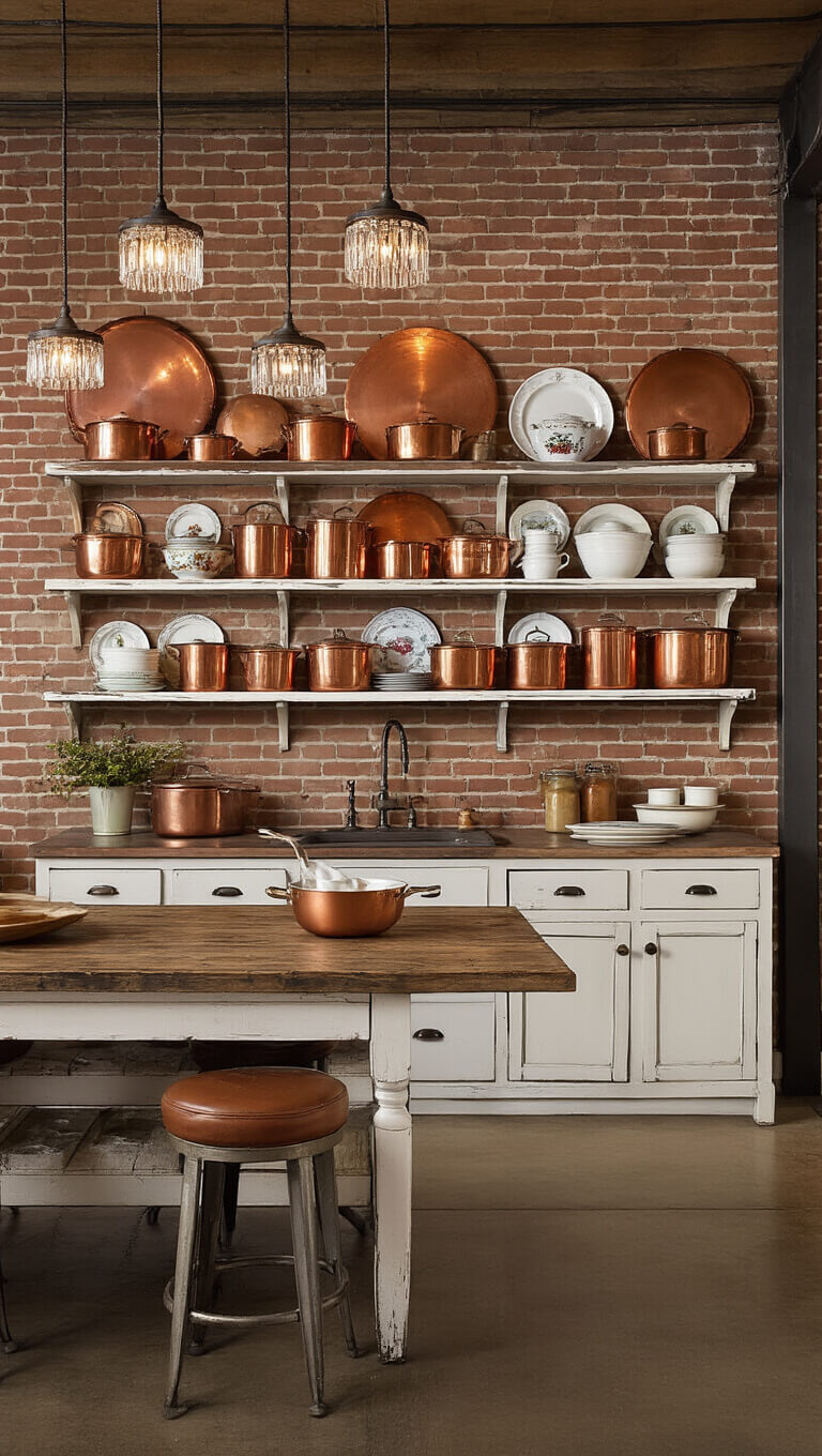 Cozy 10x12ft kitchen with vintage copper cookware on brick wall, white open shelves with china, farmhouse prep table, crystal pendant lighting, and leather barstools.