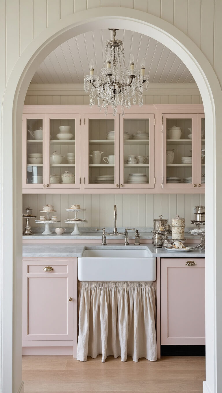 Romantic patisserie kitchen with pink cabinets, marble countertops, crystal chandelier, and vintage decor seen through arched doorway in soft morning light.