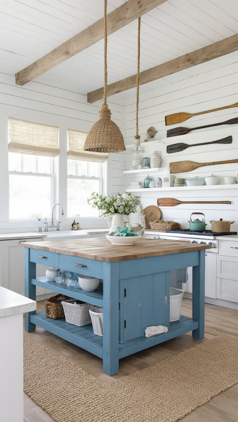 Coastal cottage kitchen with cloud white shiplap walls, weathered blue island, rope pendant lights, open shelves displaying sea glass and ironstone, vintage oars on wall, and linen roman shades filtering light.