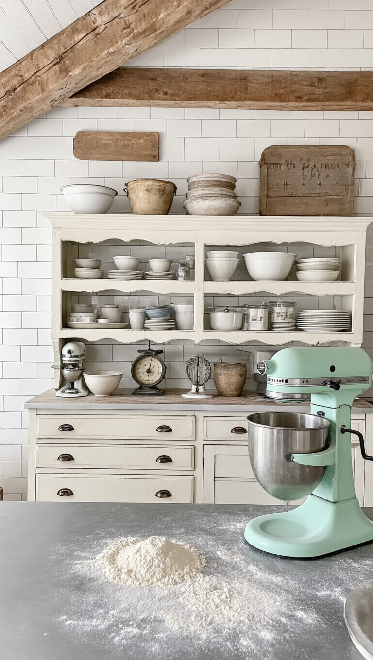 Rustic farmhouse bakery kitchen with exposed beams, antique hutch, pale mint mixer, zinc baking station dusted with flour, and soft morning light from above.
