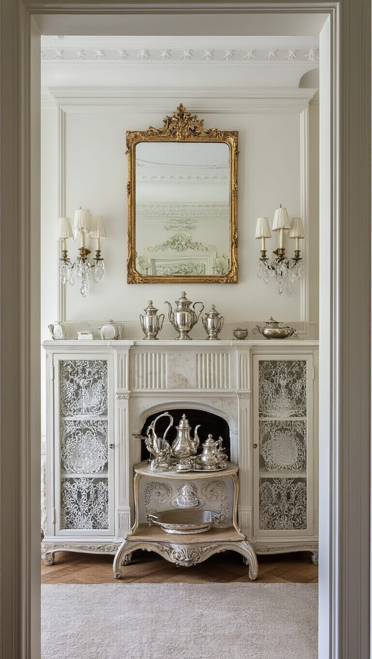 Victorian-inspired kitchen salon with marble fireplace, crystal sconces, antique sideboard, and lace-filtered light, viewed through doorway.