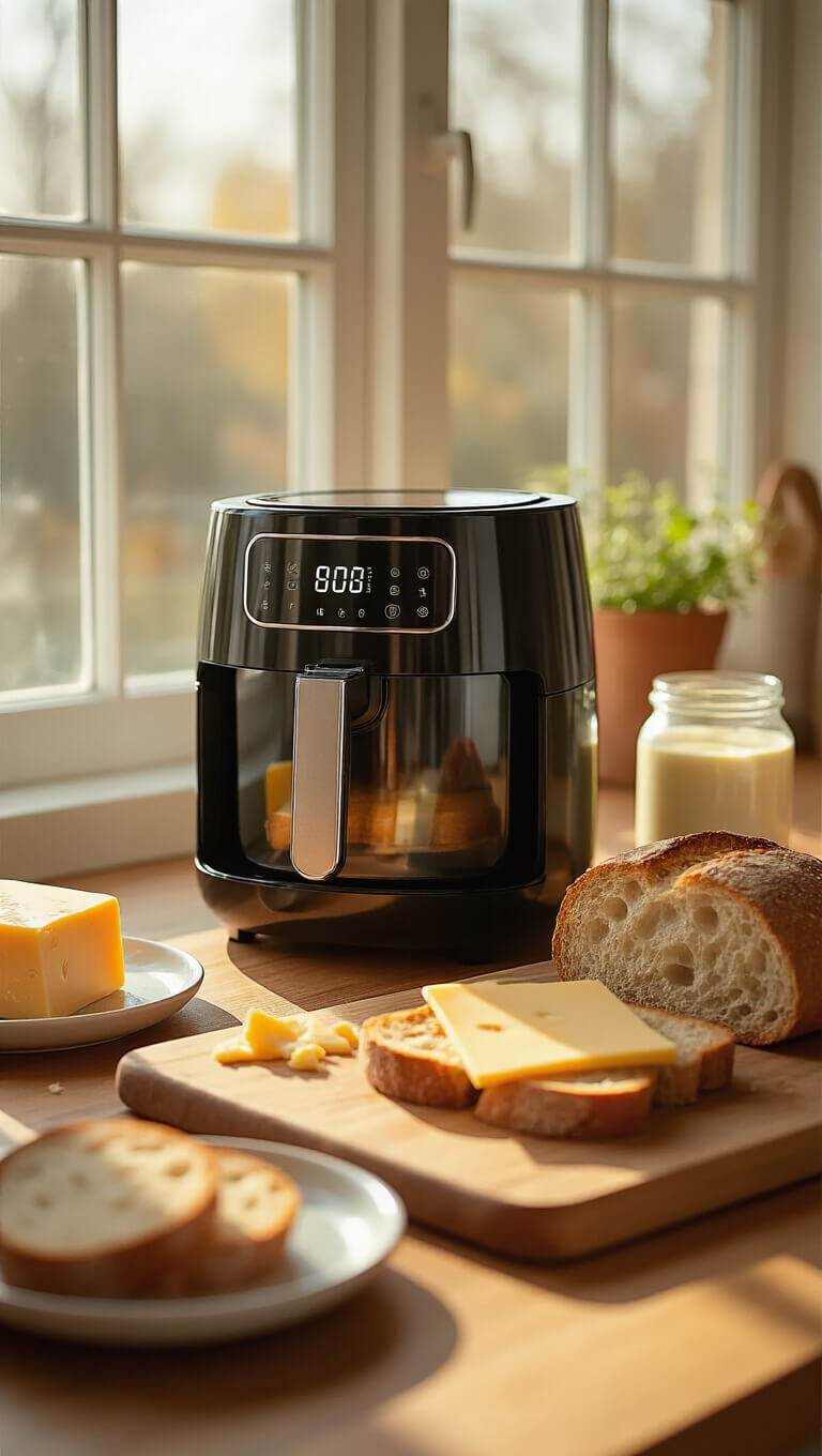 Air fryer on modern kitchen countertop beside rustic cutting board with grilled cheese ingredients in warm natural light.