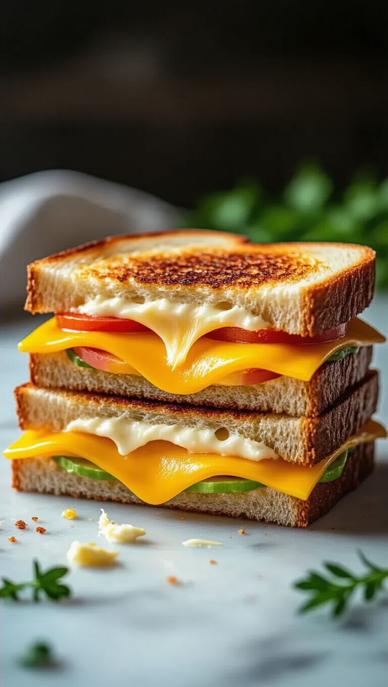 Close-up of a grilled cheese sandwich mid-preparation with golden-brown mayo-toasted bread, colorful melting cheese layers, and dramatic side lighting on a marble counter with herbs.