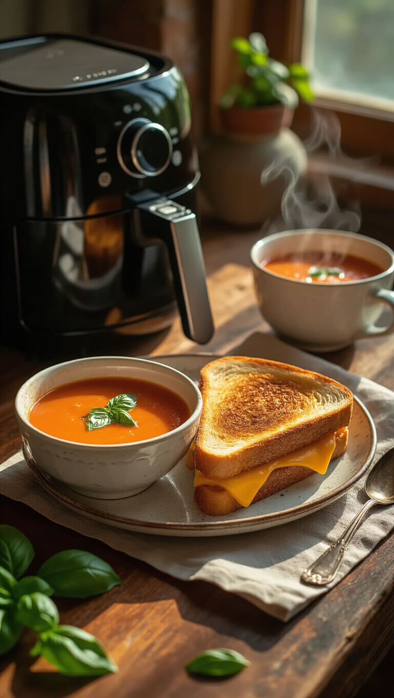 Grilled cheese sandwich with melted cheese cross-section beside steaming tomato soup on vintage plate in cozy kitchen corner with warm evening lighting.
