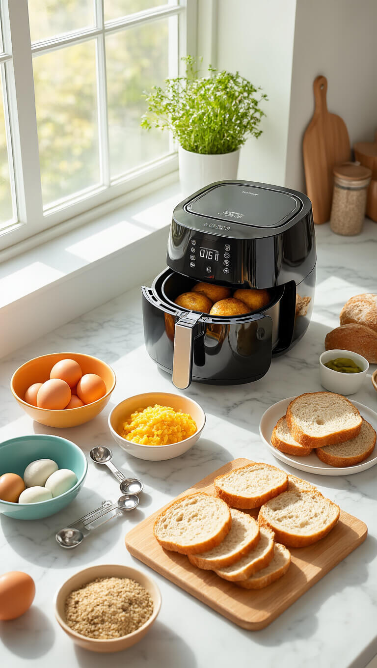 Overhead view of a bright kitchen workspace with air fryer, marble counter, and neatly arranged ingredients in prep bowls and measuring spoons, bathed in morning light.