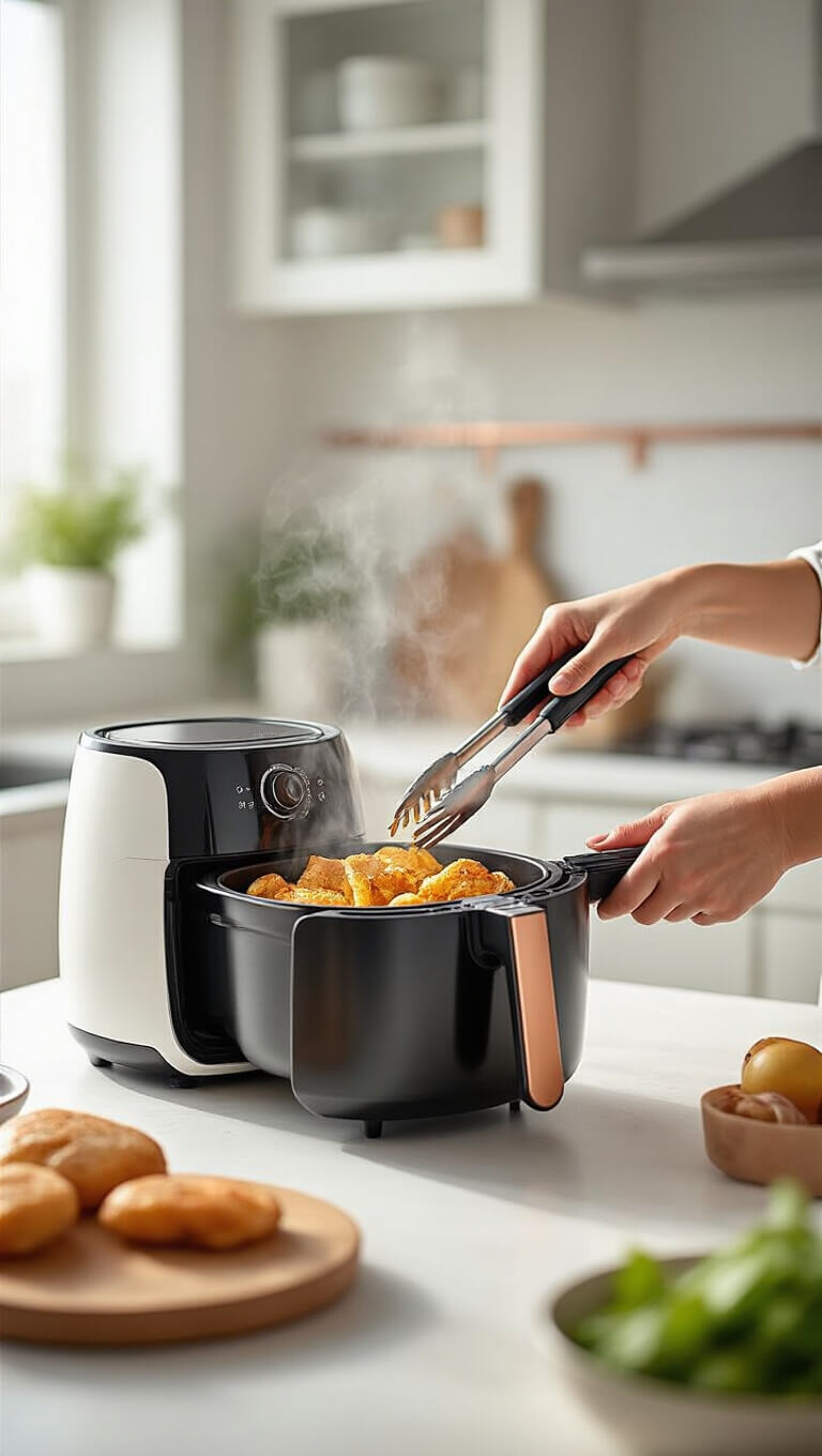 Hands flipping food in steaming air fryer with tongs in modern white kitchen, soft backlighting and motion blur showing mid-cooking action.