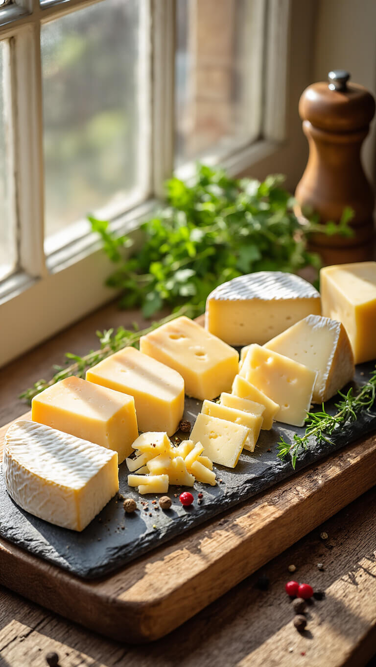 Close-up of assorted cheeses on rustic wooden board with natural light, showcasing textures, herbs, and cracked pepper on slate surface.
