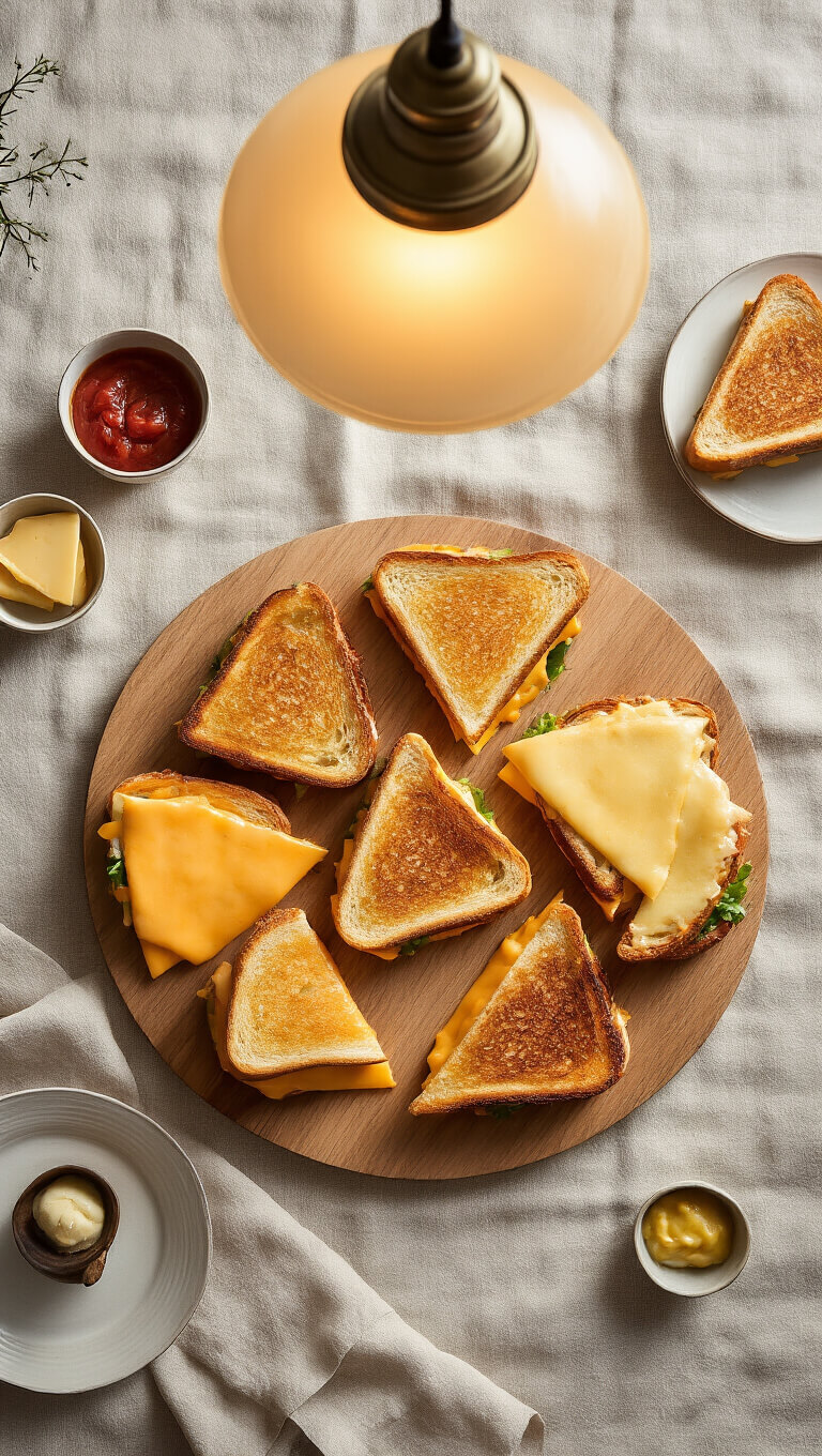 Bird's eye view of a family-style serving board with assorted grilled cheese sandwiches on a textured linen tablecloth, warm pendant lighting, and casual elegant table setting.