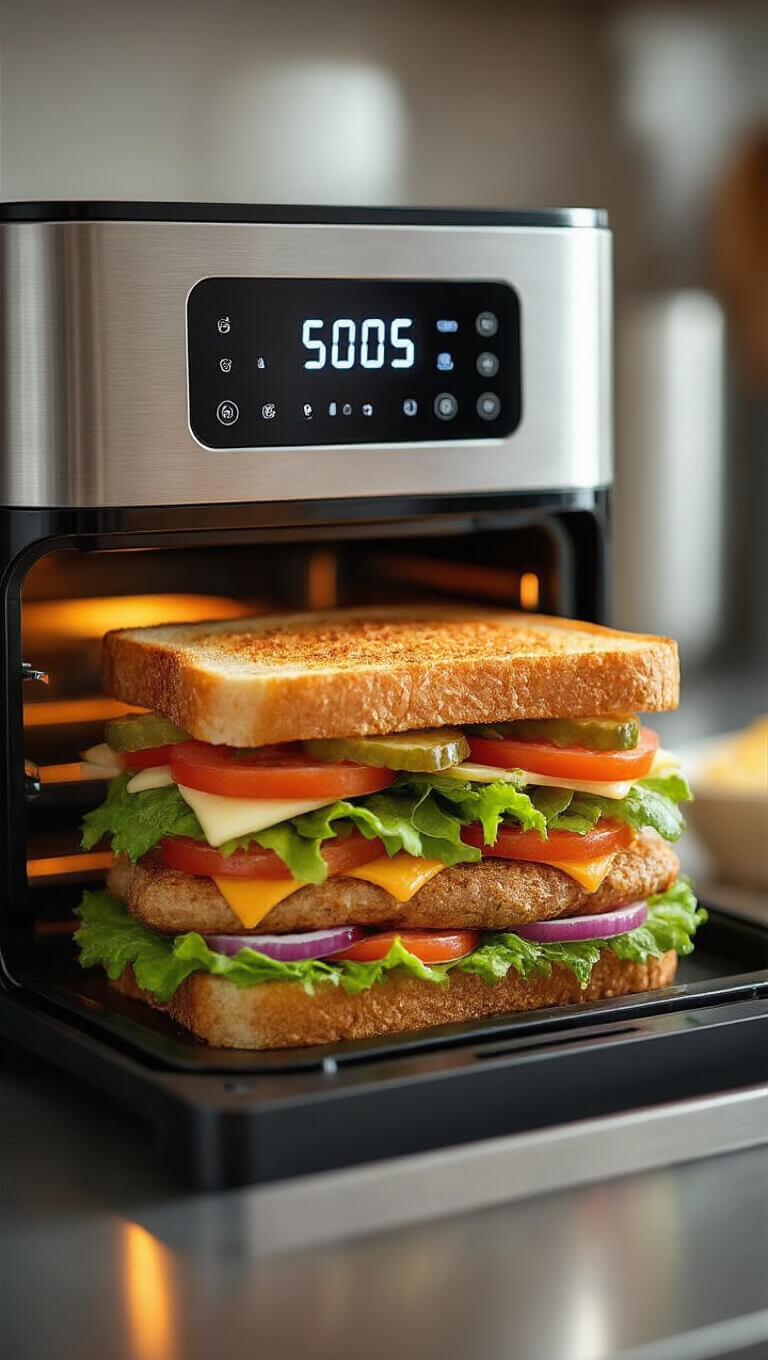 Close-up of air fryer temperature display and sandwich placement under strong directional lighting in professional kitchen setting.