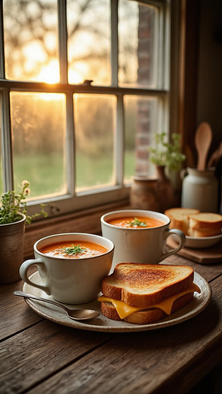 Grilled cheese with soup and sides on weathered wood table in golden hour light, styled with vintage kitchen props for a cozy rustic atmosphere.