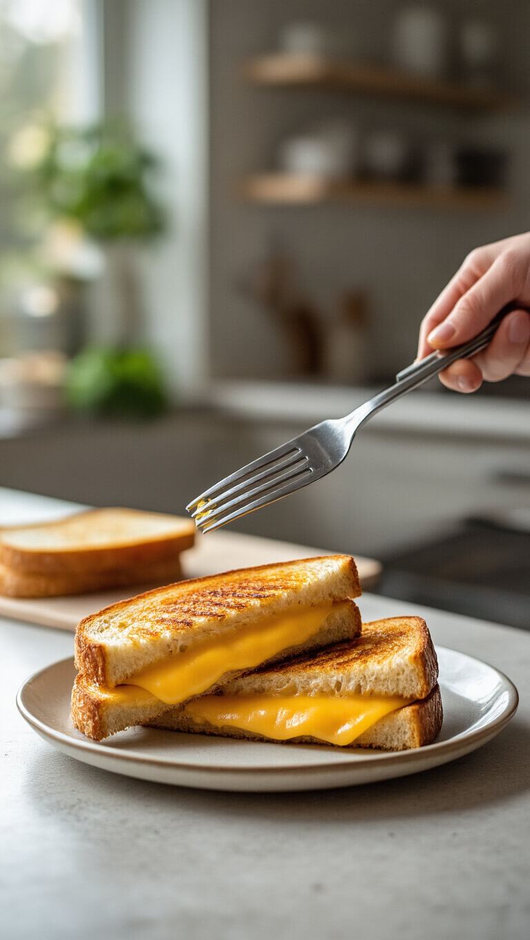 Grilled cheese sandwich being served in a modern kitchen with minimalist design and natural lighting.