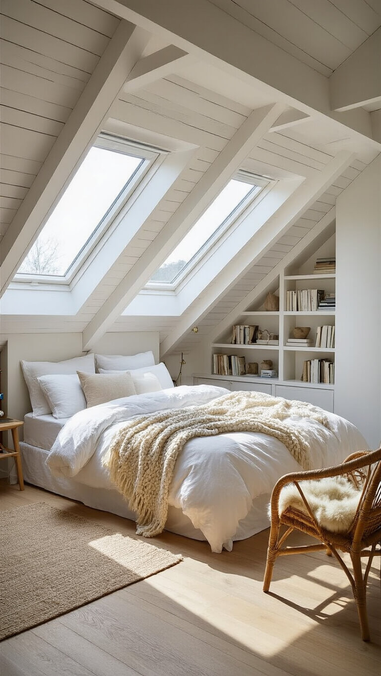 Sunlit attic bedroom with sloped ceiling, skylights, queen bed under eaves, exposed white beams, oak floors, built-in angled bookshelves, and Scandinavian rattan chair with sheepskin.