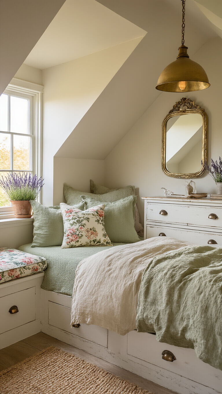 Cozy attic retreat with brass bed, floral window seat, vintage dresser, and warm golden hour light filtering through dormer window.