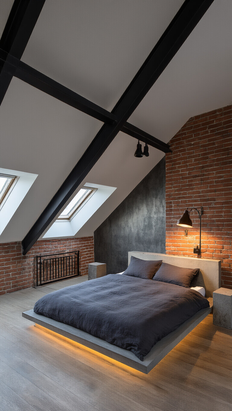 Modern industrial attic bedroom with exposed brick chimney, matte black steel beams, charcoal bedding on platform bed, concrete side tables, metallic wallpaper, and dusk lighting.