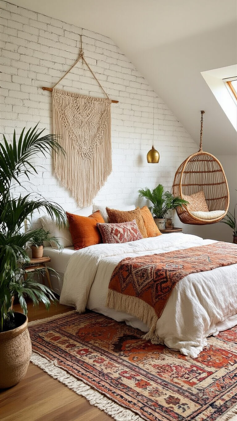 Boho chic attic sanctuary with layered Moroccan rugs, patterned cushions, hanging rattan chair, potted palms, and macramé on whitewashed brick wall.