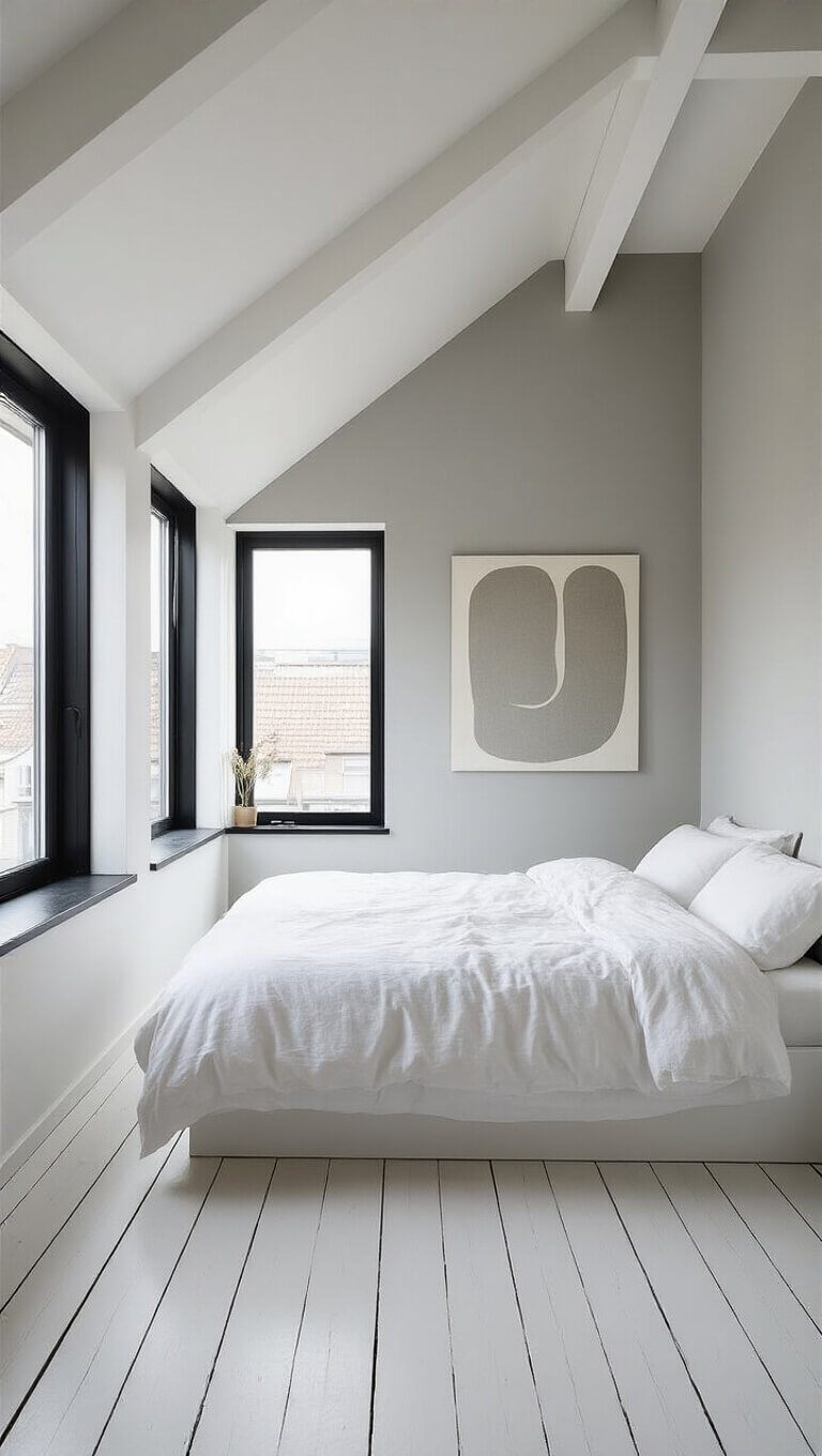 Minimalist Scandinavian attic bedroom with white floorboards, gray walls, black window frames, platform bed, abstract art, and built-in roofline storage.