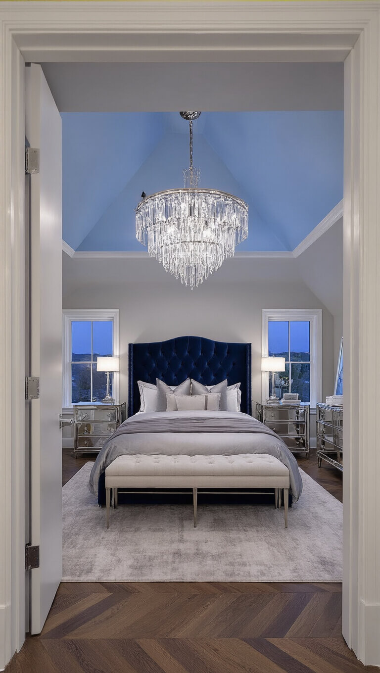 Twilight view of a luxurious attic master suite with navy velvet headboard, pearl gray silk bedding, crystal chandelier, mirrored nightstands, herringbone wood floors, plush rug, and built-in wardrobes.