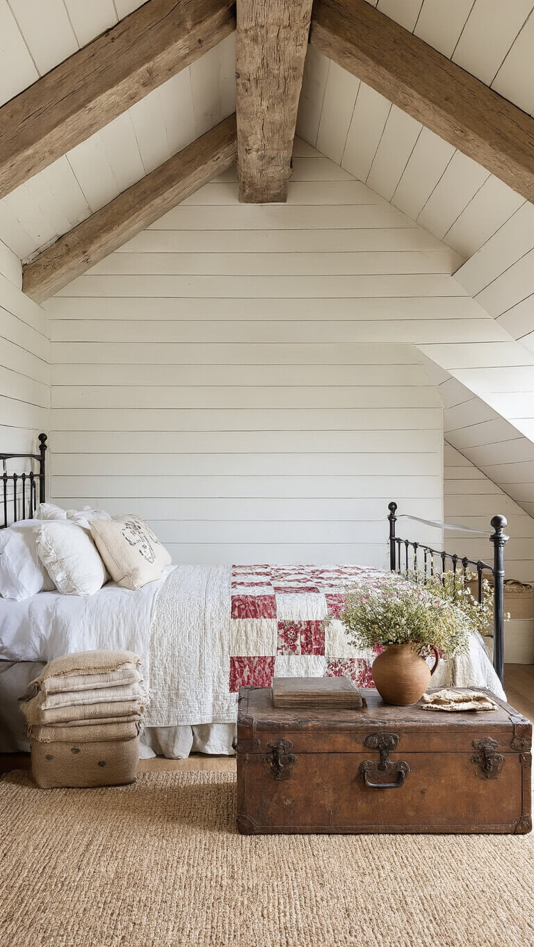 Rustic farmhouse attic bedroom with exposed beams, warm white shiplap walls, iron bed with vintage quilts, antique trunk coffee table, and dried flowers in pottery vase.