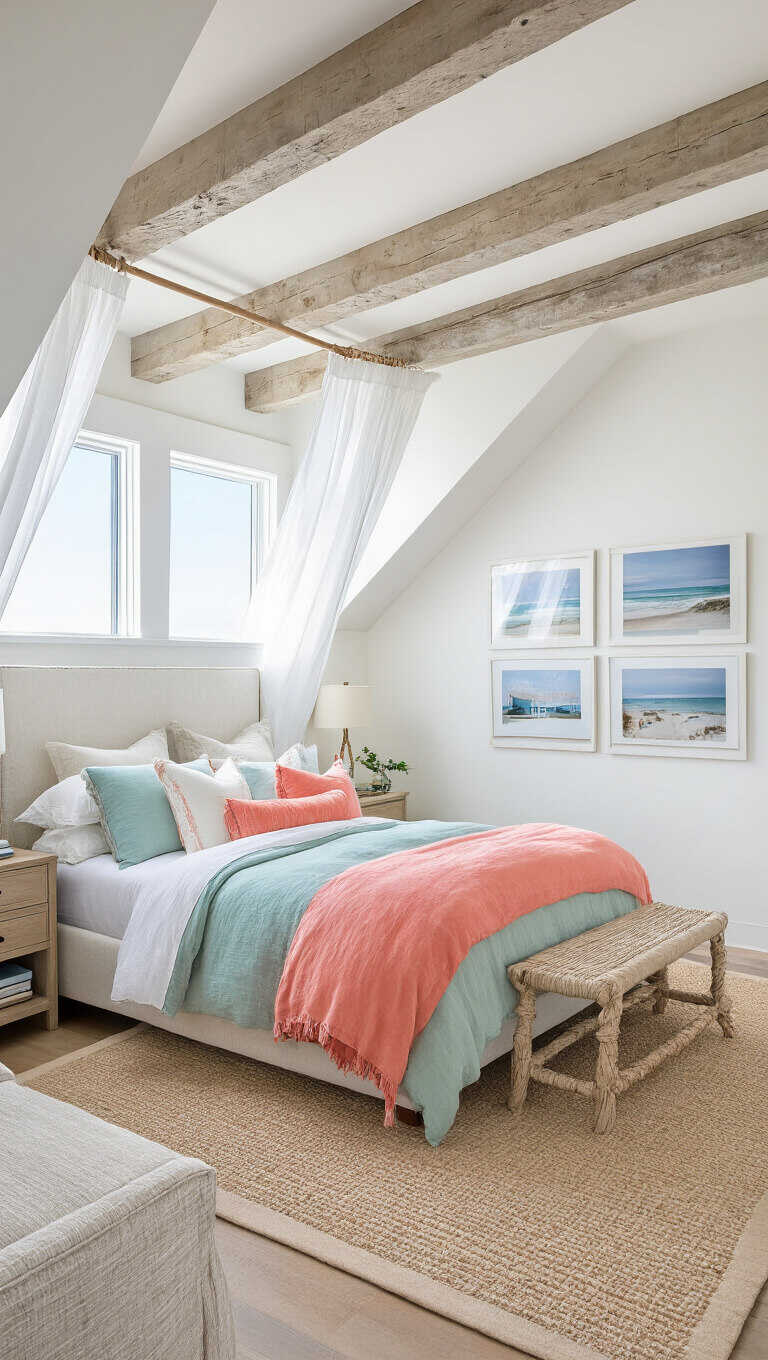 Coastal attic bedroom with billowing sheer curtains, seafoam upholstered bed, coral and white bedding, rope and weathered wood accents, and beach photo gallery wall in natural noon light.