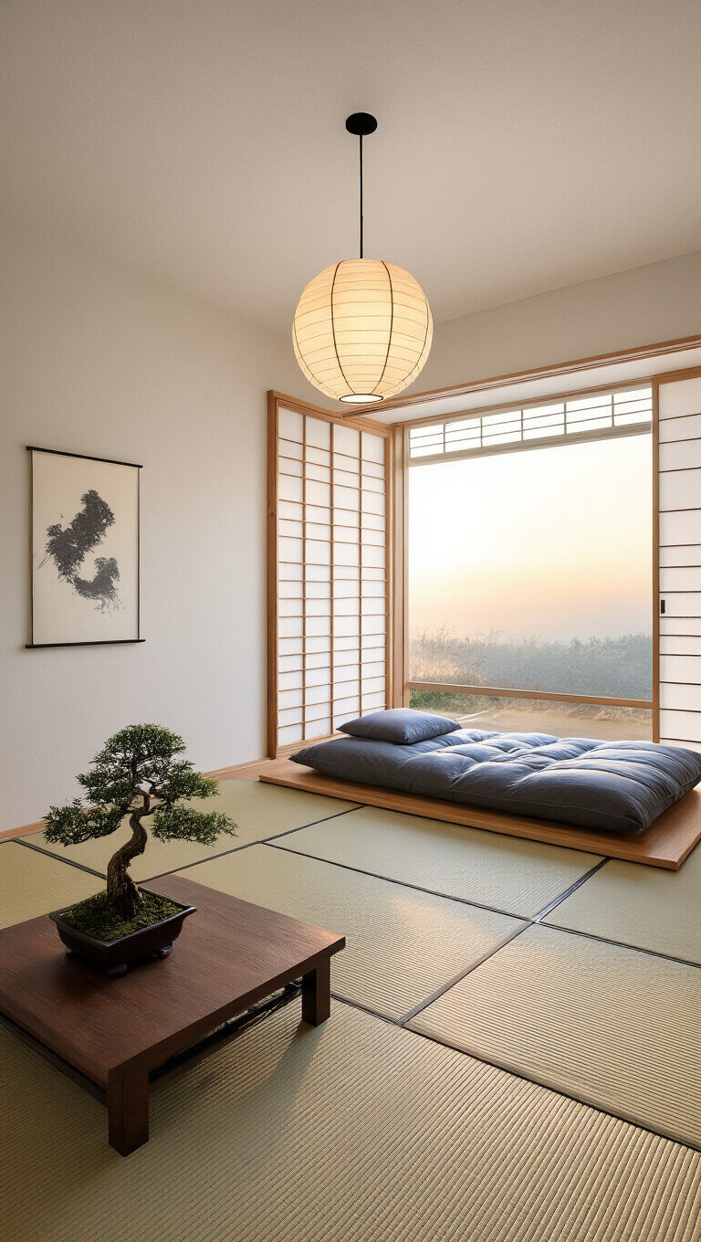Japanese-style attic meditation room at dawn with low futon, bamboo screens, rice paper pendant light, tatami mats, bonsai on wooden table, and minimalist decor seen from floor level.