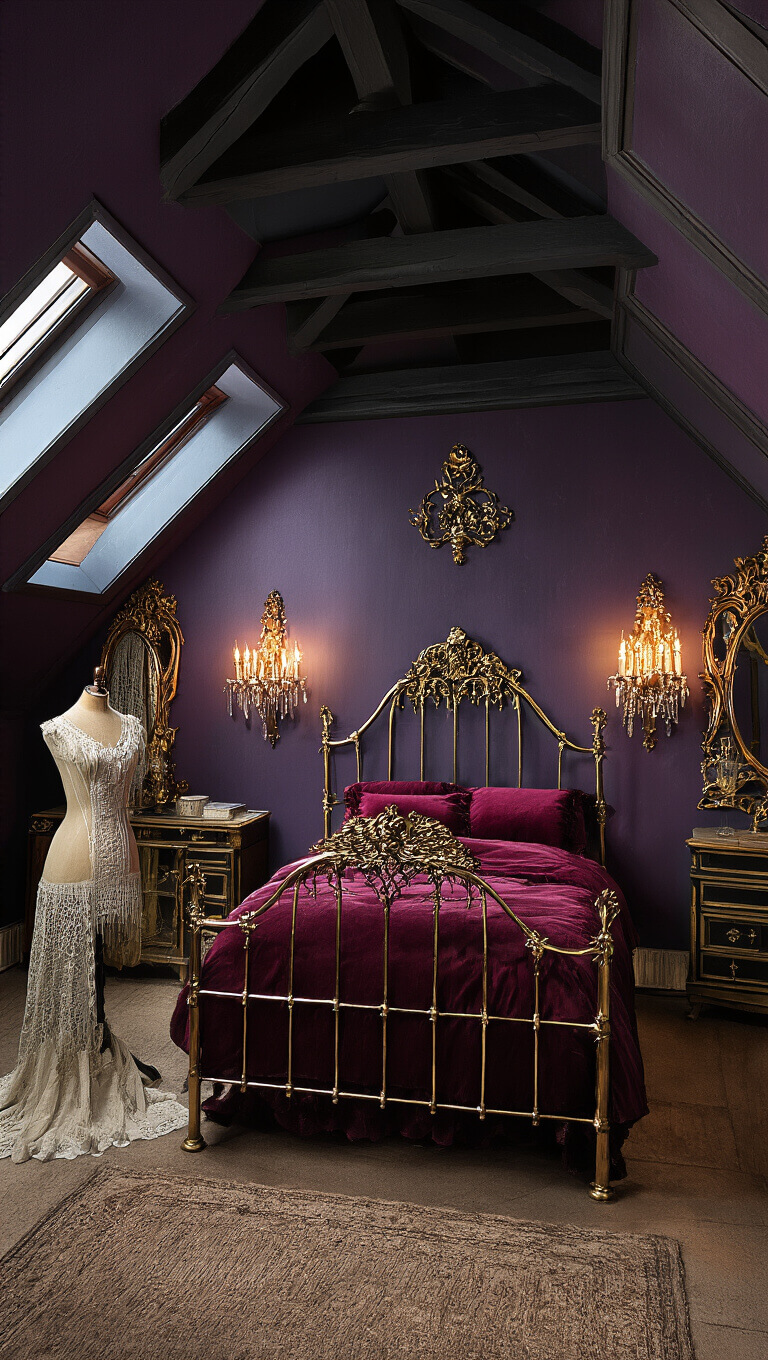 Gothic romantic attic bedroom with deep purple walls, black ceiling beams, Victorian brass bed with burgundy velvet bedding, crystal sconces, gold mirrors, antique dress form, and lace curtains under dramatic nighttime lighting.