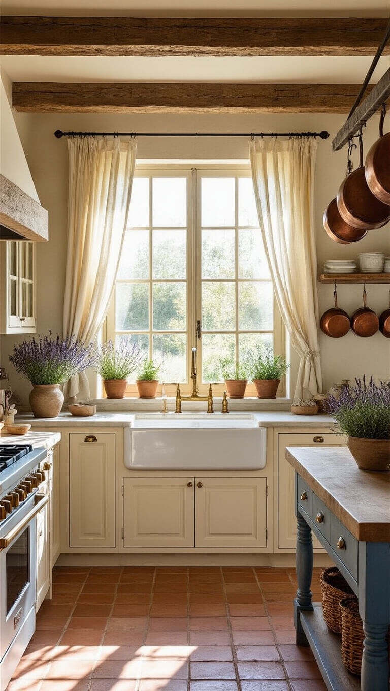 French Country kitchen with exposed wooden beams, farmhouse sink under multi-paned window, cream cabinets, reclaimed wood island, terracotta tiles, and warm golden-hour light.