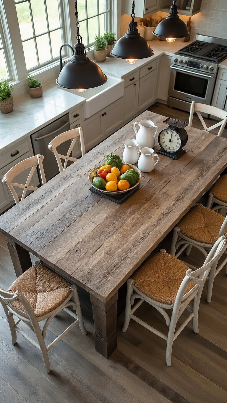 Overhead view of 12x12ft reclaimed barnwood kitchen island at dusk with vintage décor, white bar stools, warm pendant lighting, and industrial black fixtures.