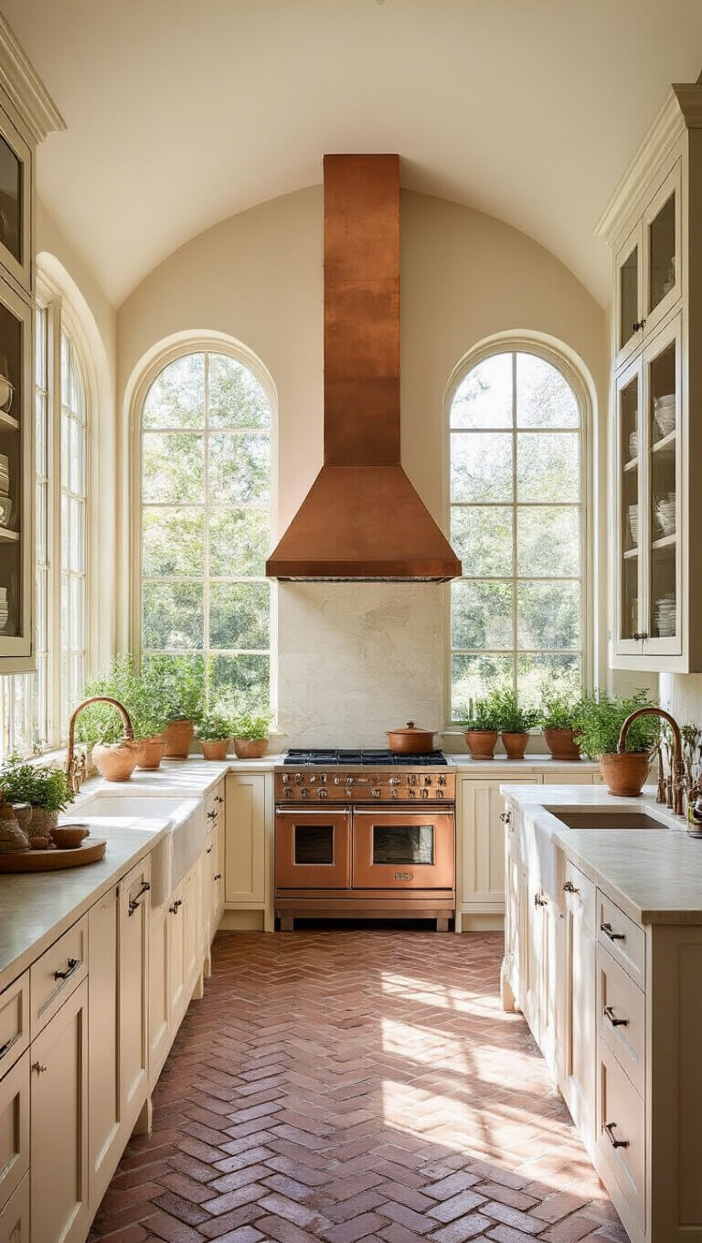 Open-concept kitchen with cream floor-to-ceiling glass cabinets, copper range hood, limestone countertops, herringbone brick floor, and terracotta potted herbs by arched windows in morning light.