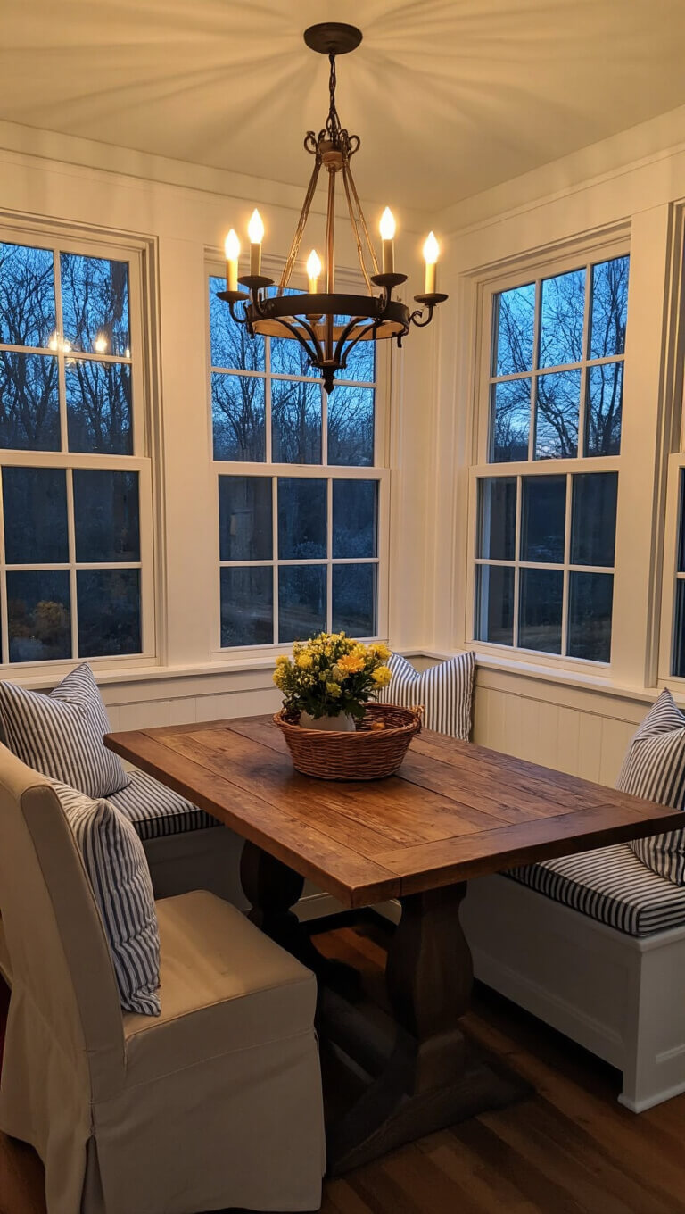 Rustic 10x12ft breakfast nook at twilight with wooden table, iron chandelier, slipcovered chairs, and window bench with blue striped cushions; candles flickering, basket of flowers, and vintage enamelware add cozy ambiance.