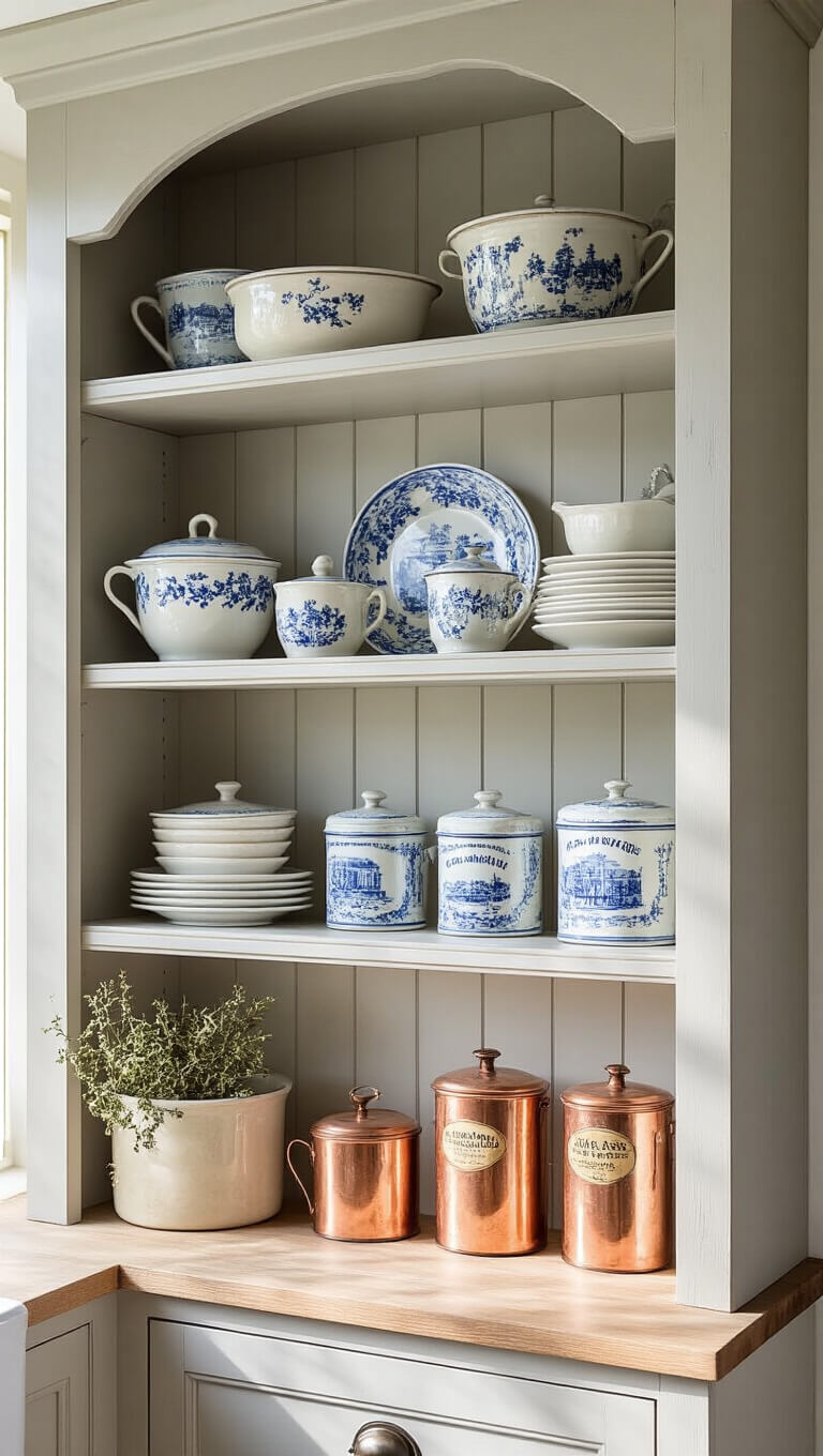 Close-up of 8ft kitchen hutch with cream and blue transferware, copper molds, and vintage French tins on open shelves, natural wood and pale gray interior, soft window light, and dried herbs hanging above.