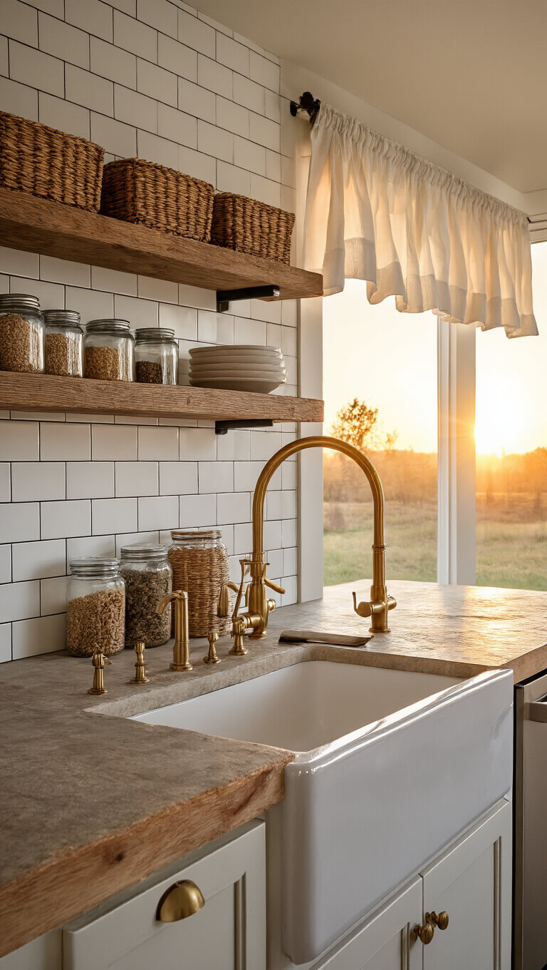 Eye-level view of cozy 15x18ft kitchen prep area at sunset with stone countertops, farmhouse sink, brass faucet, white subway tile backsplash, open shelves with baskets and glass canisters, bathed in warm golden hour light through cafe curtains.