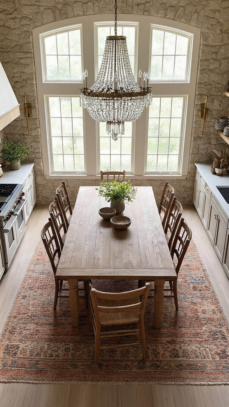Bird’s eye view of a 16x20ft rustic kitchen dining space with a weathered oak farm table, mismatched ladderback chairs, kilim rug, crystal chandelier, and brass sconces on stone walls lit by noon sunlight.