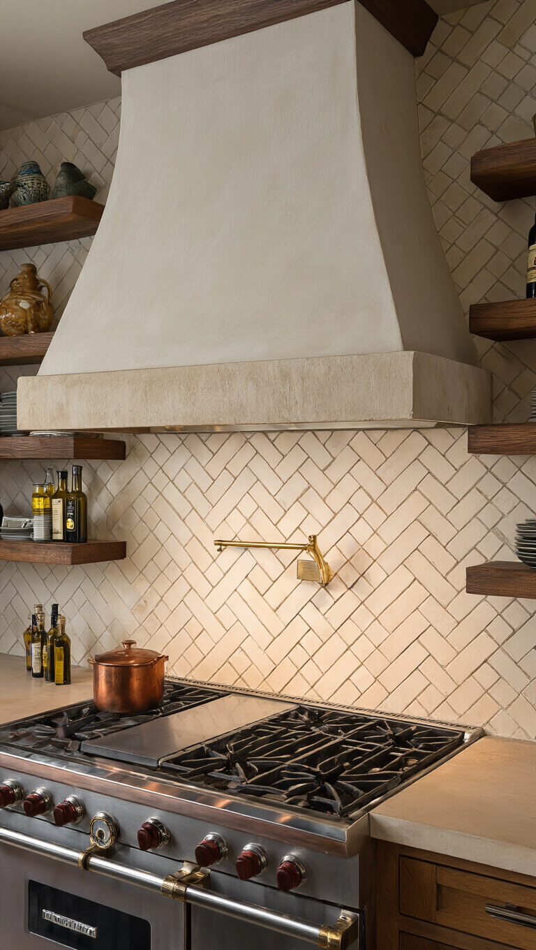 Close-up of luxury kitchen alcove with copper and brass range, limestone hood, herringbone tile backsplash, and floating shelves at dusk with moody uplighting.